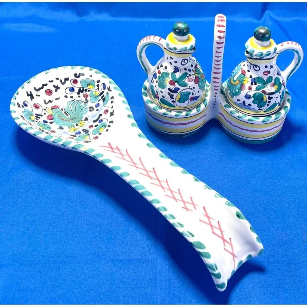 Lorenzaccio Deruta Italy Majolica Green Rooster Lg. Spoon Rest O & V Cruet Set